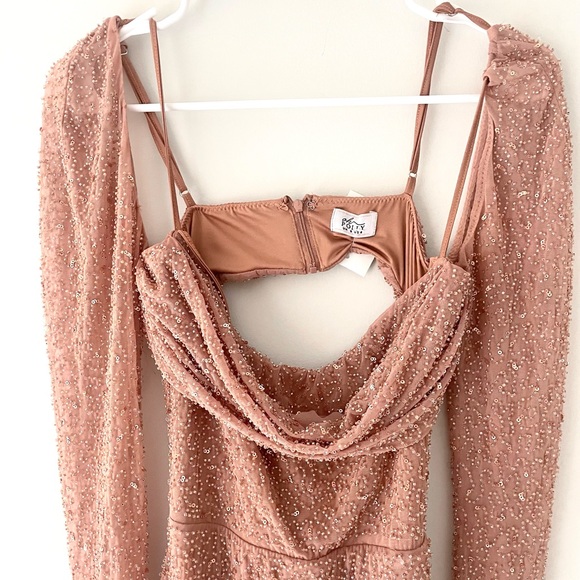 Oh Polly Champel Embellished Cowl Neck Long Sleeve Maxi Dress in Nude - Picture 8 of 11